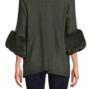 NWT. Saks Fifth Avenue army green mock neck pullover faux fur cuff. S